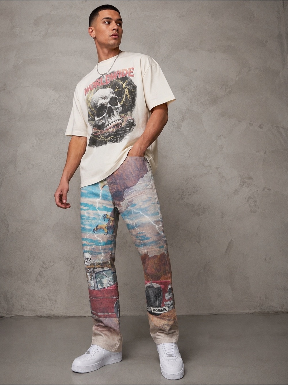 boohooMAN Skeleton Vintage Car Graphic Print Straight Leg Jeans Y2K